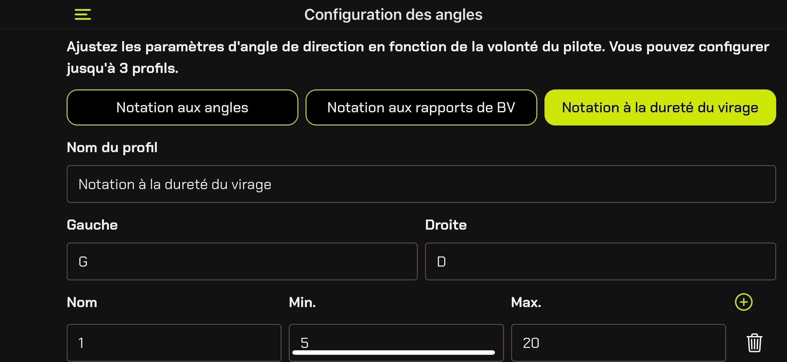 Configuration des angles