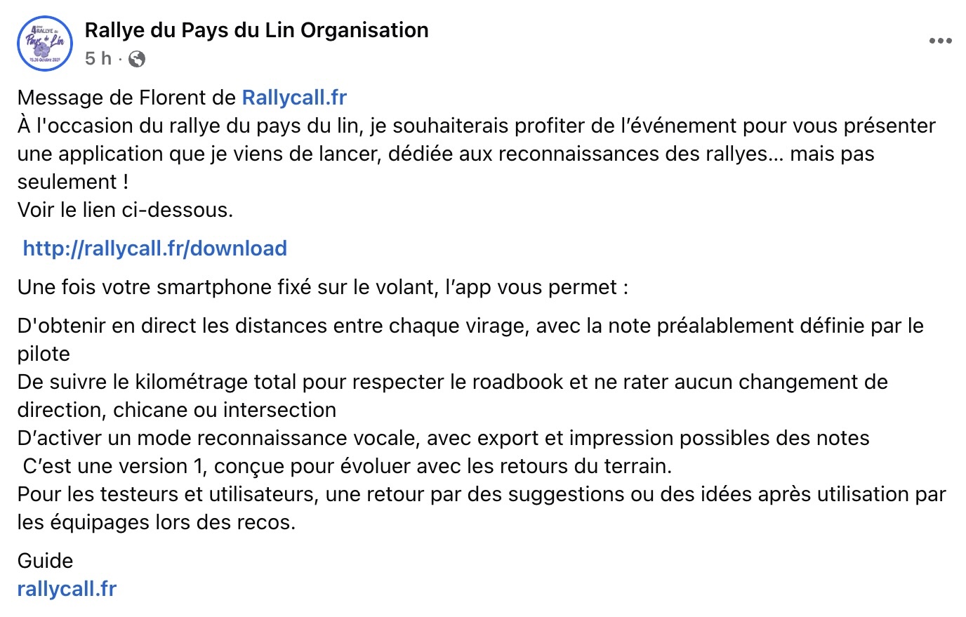 Soutien Rallye du Pays du Lin Organisation