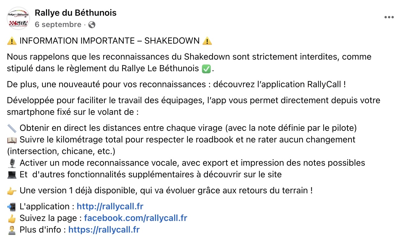 Post Facebook de la part du Rallye du Béthunois